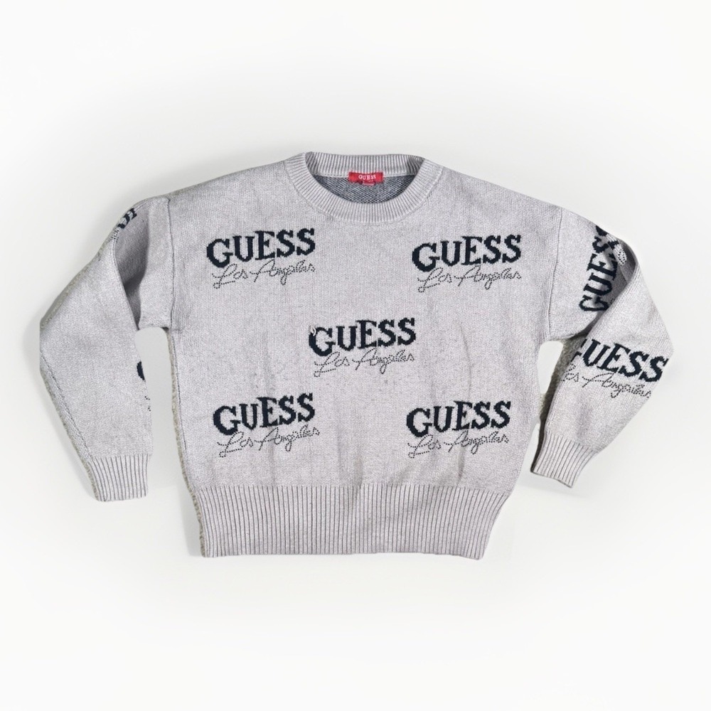 Y2K Guess Tan Black Rhinestone Embellished Logo Pullover Sweater Top Women's S